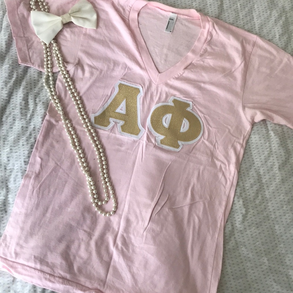 Pink and gold Alpha Phi letter shirt